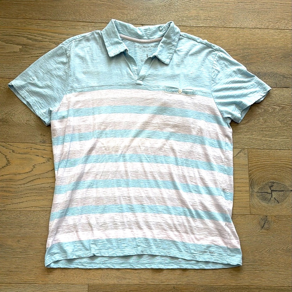 Calvin Klein Polo Light Blue/Gray/White Striped Button Chest Pocket Slub T-L